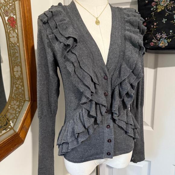 JW Petite Charcoal Grey Cotton Blend Ruffled Button Up Preppy Cardigan Top M - Picture 2 of 7